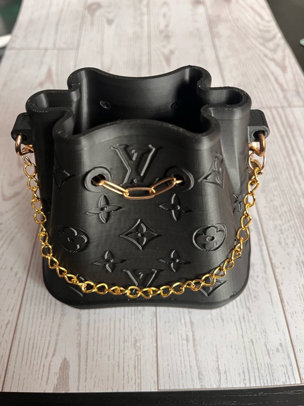 LV 3D Printed  Black Bucket Bag with Gold Chain - make up brush holder